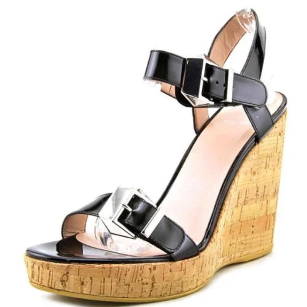 Stuart Weitzman Too much Cork wedge Sandal Patent 8.5M Shoe Style